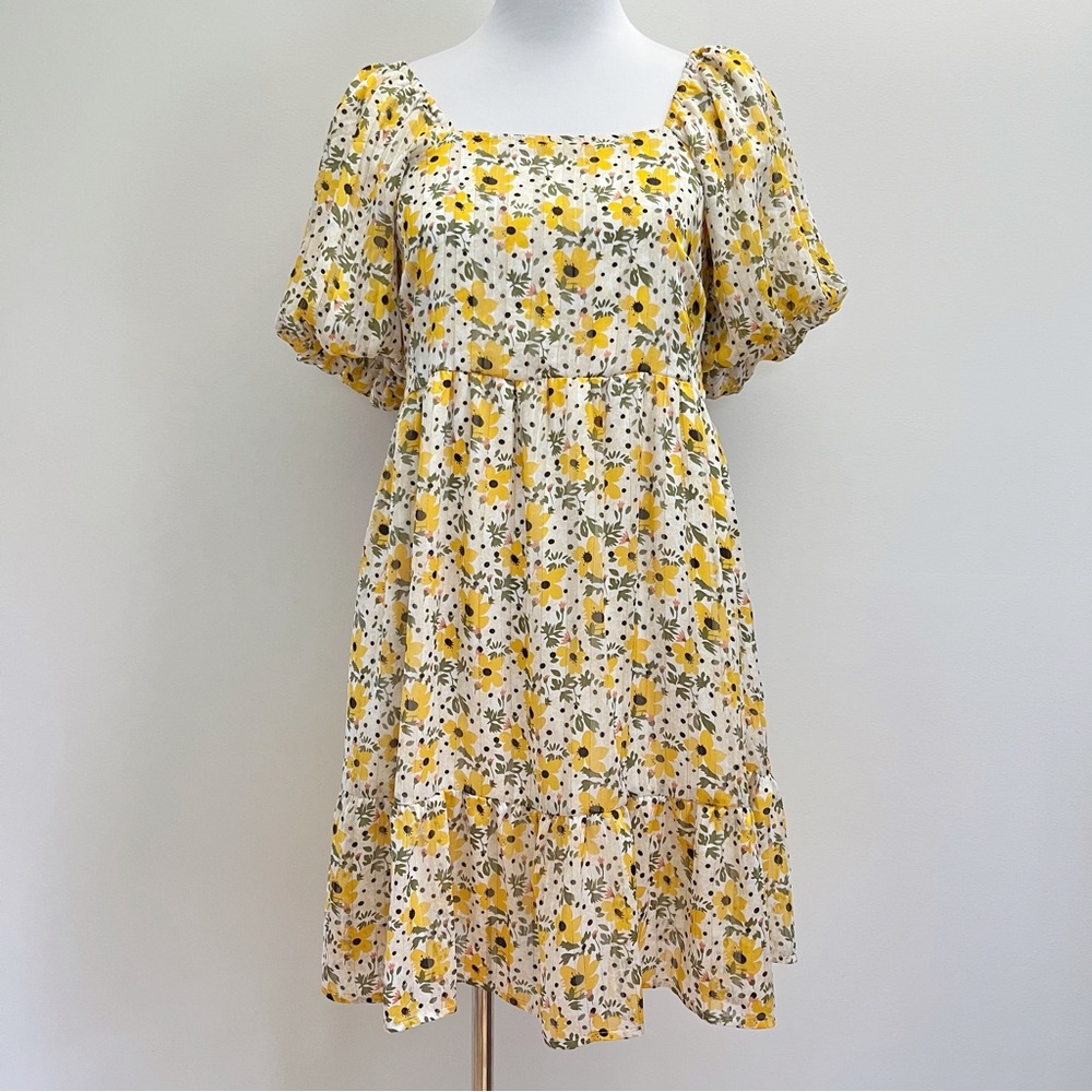 Q2 Boho Yellow Floral Metallic Patterned Puff Sleeve Smocked Baby Doll Dress